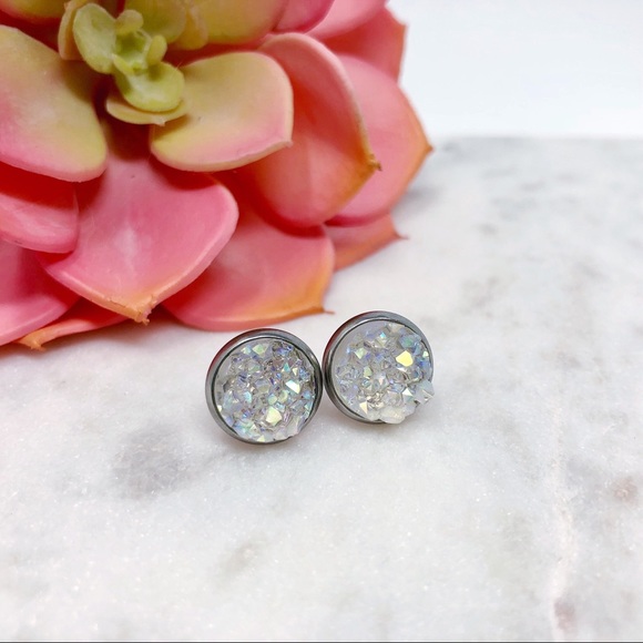 AB Rainbow Druzy Stud Earrings - Picture 2 of 5